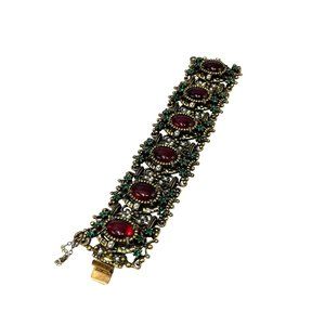 Vtg Wide Panel Bracelet Ornate Red & Gold Tone Emerald Green Rhinestones Pearls
